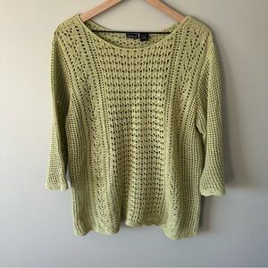 Womens Crochet Knit Sweater Size XL Green Fairy Cottage Boho Linen Cotton